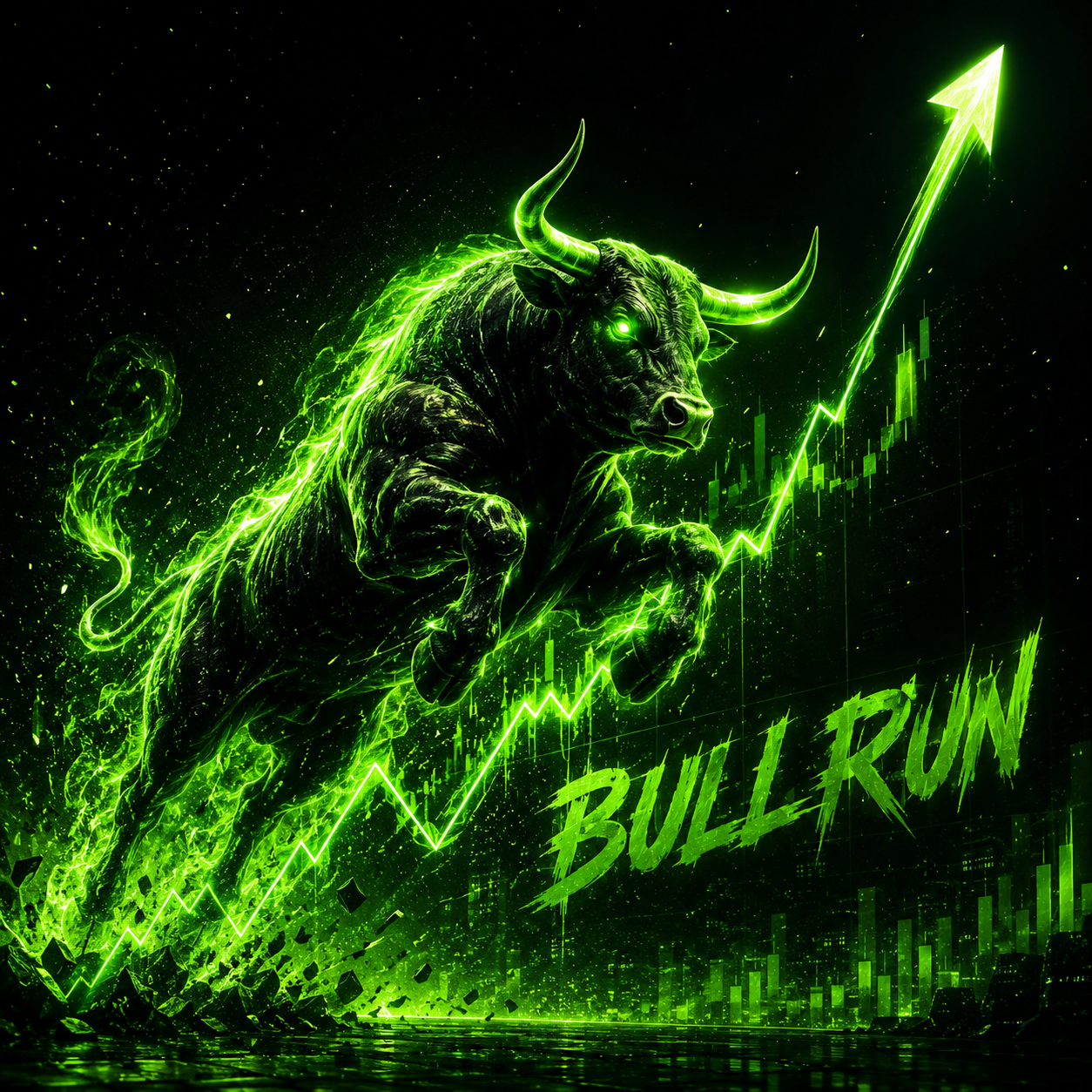 Neon green bull charging up a rising chart — the BULLRUN mascot